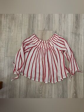 Rip Curl Off-Shoulder Striped Blouse in White and Red
